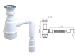 Сифон для кухни с прикручивающимся выпуском 70мм, с гибкой трубой 1 1/2" - 40/50мм, AV Engineering