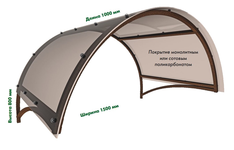Козырек "Арка" поликарбонат 4 мм., 1,5 м. 25х25 мм., с полимерным покрытием из металлической трубы 